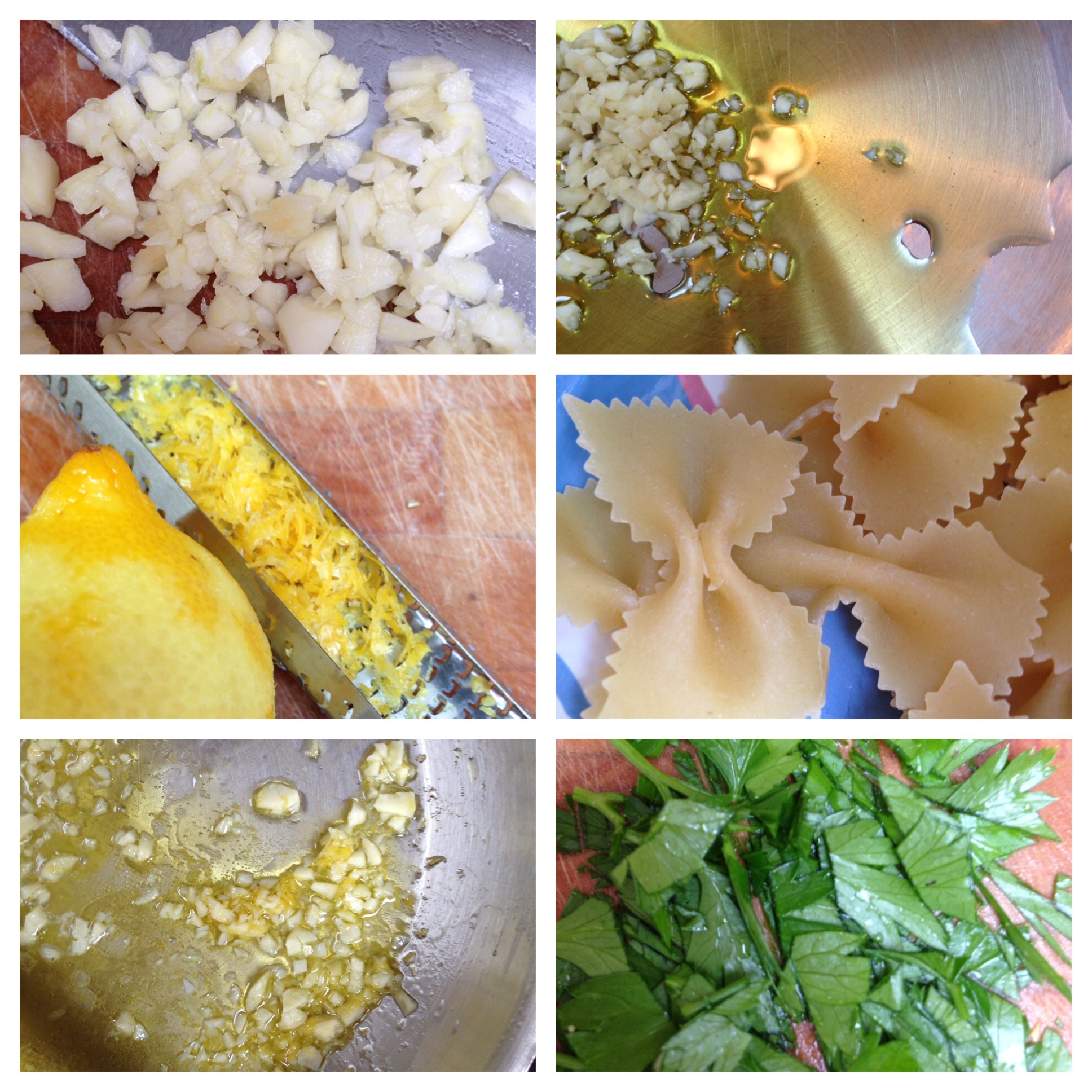 Six pictures of garlic, oil, lemon, pasta and herbs in pictures.