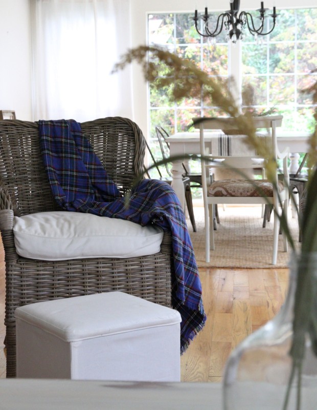 Purple tartan blanket on a wicker chair.