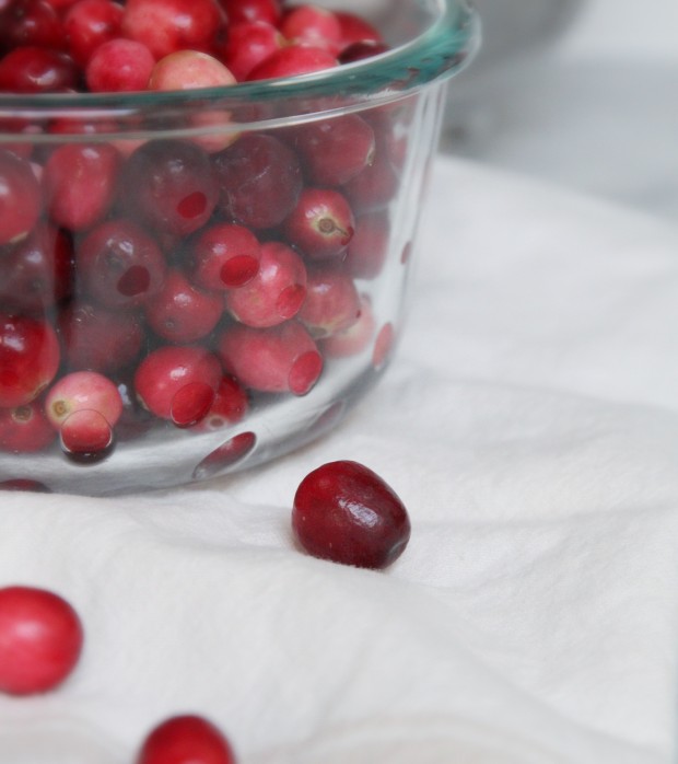 Cranberries in a glass bowl with a couple on the counter.
