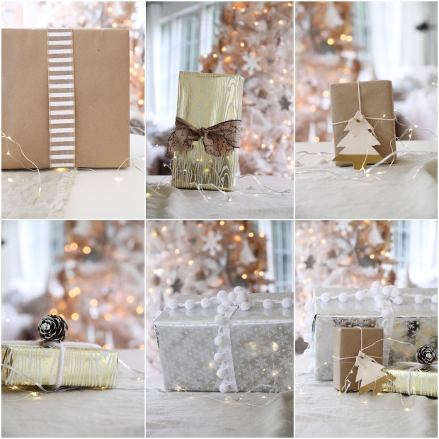 A collage of neutral wrapped presents with fabric bow ties, pine cones and pretty ribbon.