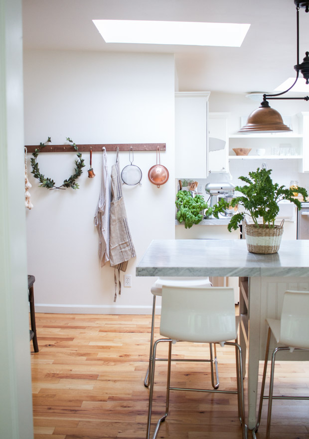A kitchen island with a green plant on it, and the coat hook rack in the kitchen.