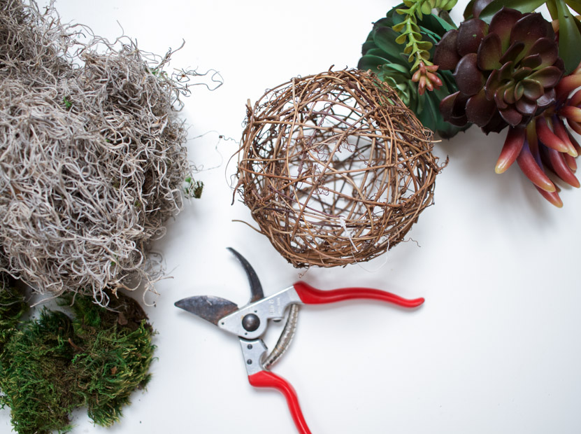 A grapevine sphere, shears and moss on the counter.