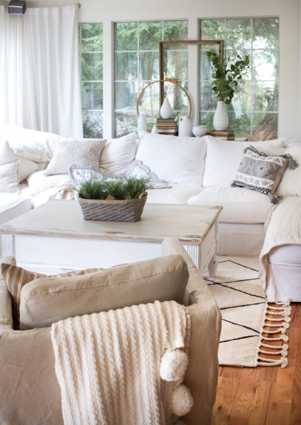 Couches in neutral white living room.