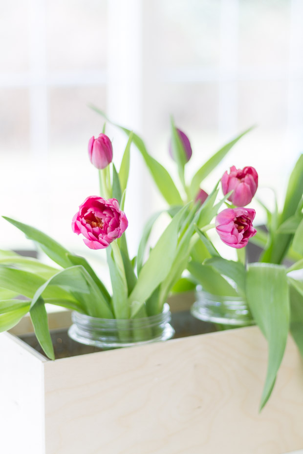 Pink flowers in a wooden flower box.