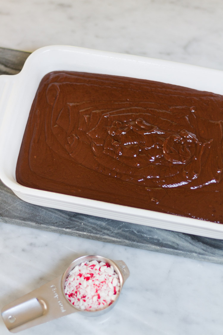 The chocolate added to the boiled mixture and in a white baking dish with peppermint pieces beside it.