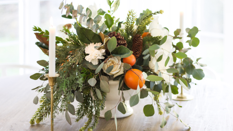 Holiday Centerpiece with Oranges and Evergreens