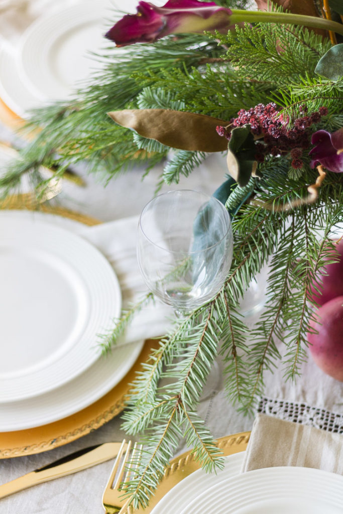 Elegant-Christmas-Entertaining-Evergreen-Arrangement-Tablescape