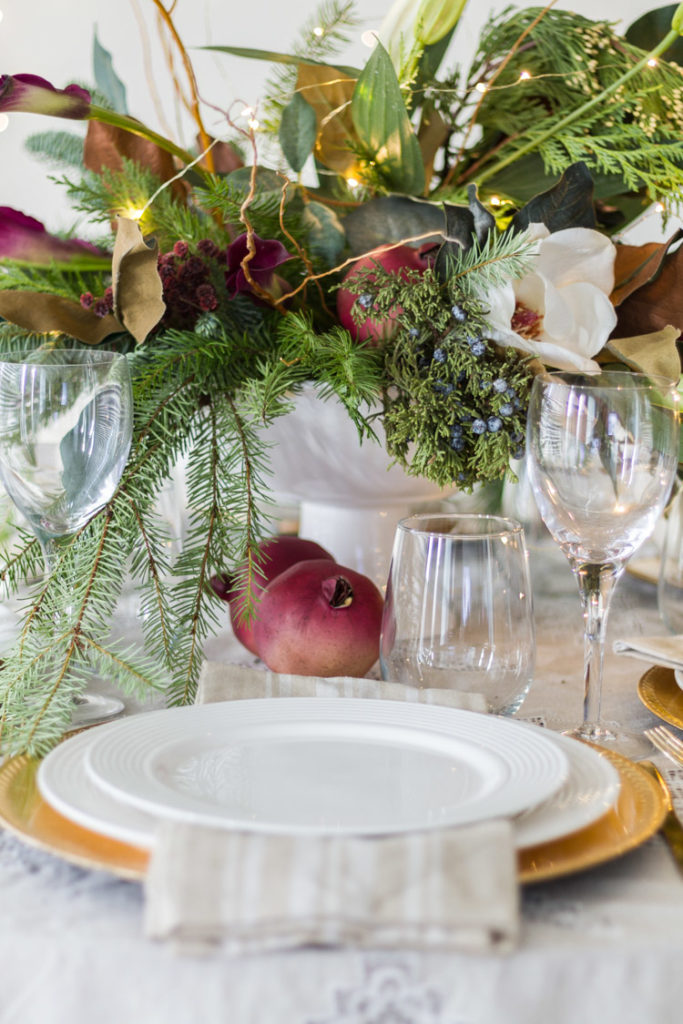 Elegant-Christmas-Entertaining-Evergreen-Arrangement-Tablescape