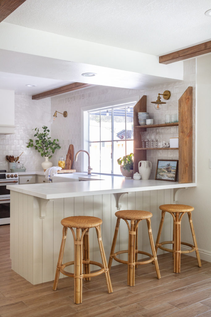 Our Updated Kitchen Peninsula with Coastal Counter Stools